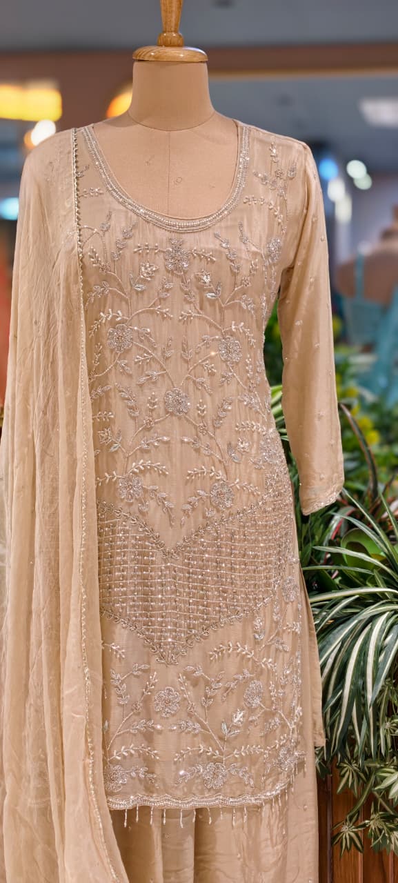 Cut Dana Floral Blossom Elegant Handwork Heavy Full Suit Set With Scalloped Dupatta In Chinon Fabric- 13631