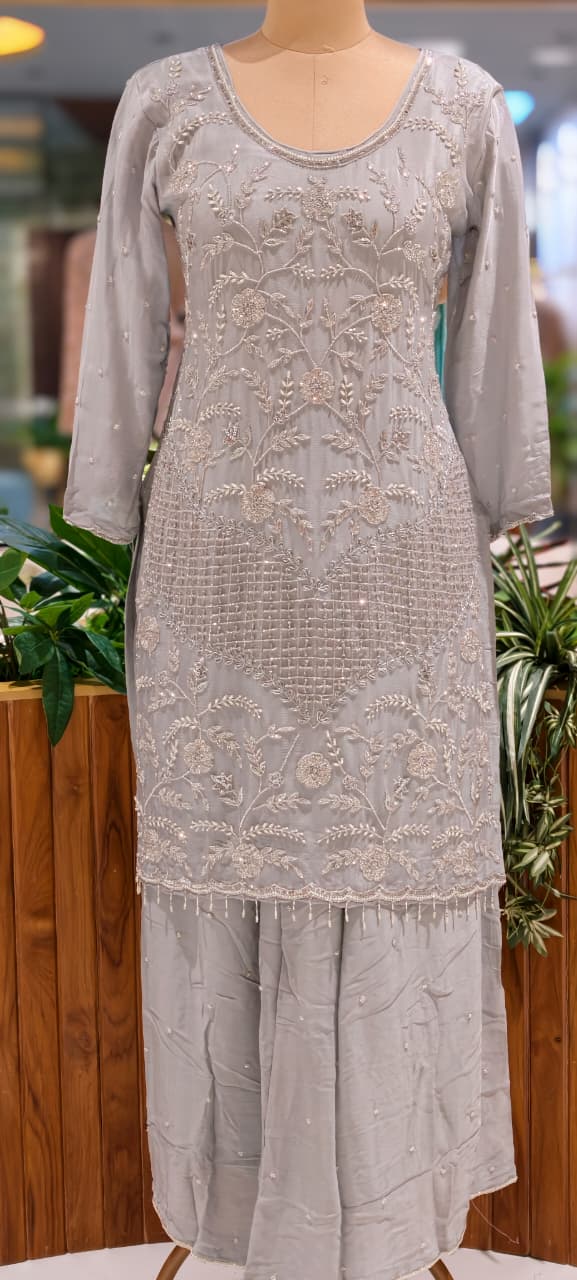 Cut Dana Floral Blossom Elegant Handwork Heavy Full Suit Set With Scalloped Dupatta In Chinon Fabric- 13631