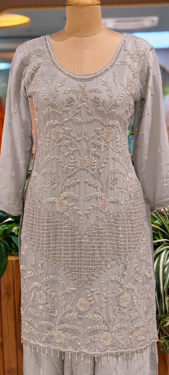 Cut Dana Floral Blossom Elegant Handwork Heavy Full Suit Set With Scalloped Dupatta In Chinon Fabric- 13631