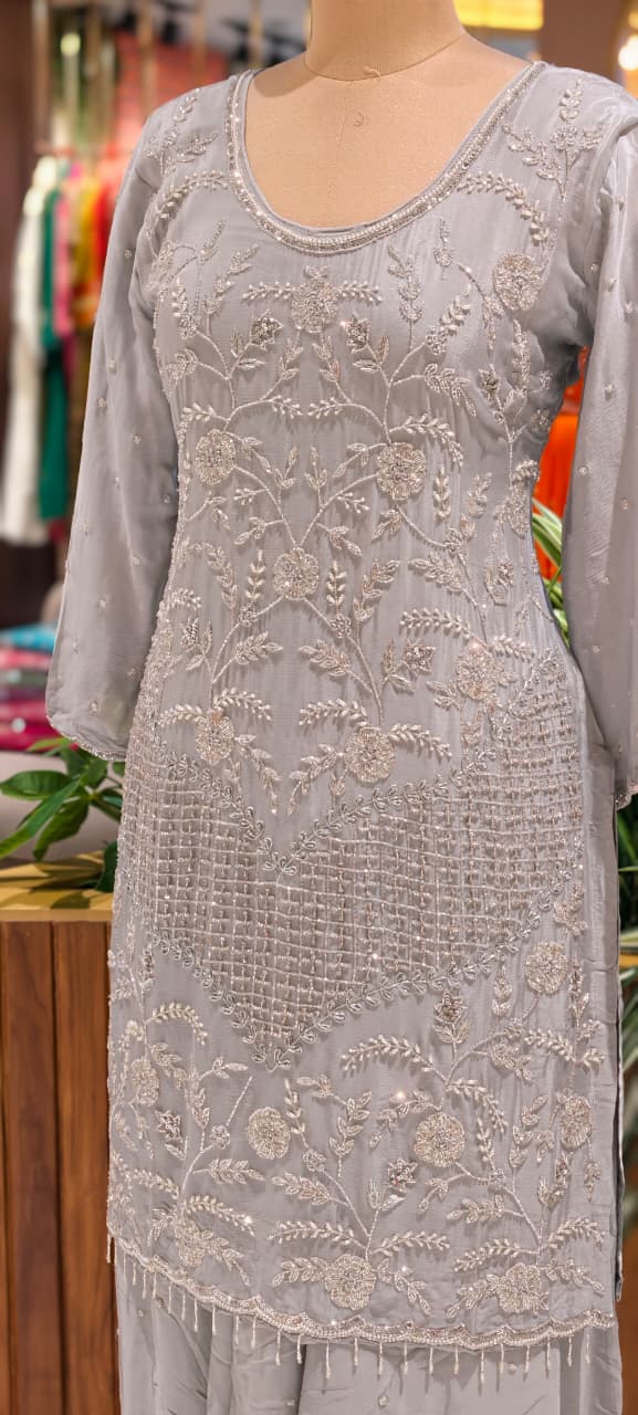 Cut Dana Floral Blossom Elegant Handwork Heavy Full Suit Set With Scalloped Dupatta In Chinon Fabric- 13631