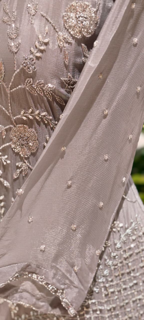 Cut Dana Floral Blossom Elegant Handwork Heavy Full Suit Set With Scalloped Dupatta In Chinon Fabric- 13631