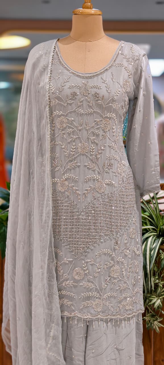 Cut Dana Floral Blossom Elegant Handwork Heavy Full Suit Set With Scalloped Dupatta In Chinon Fabric- 13631