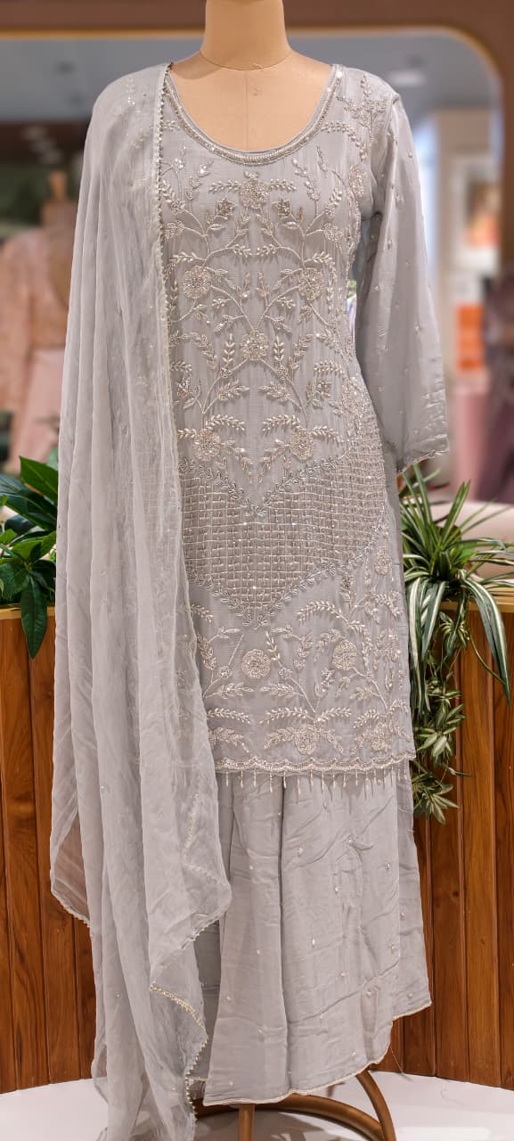 Cut Dana Floral Blossom Elegant Handwork Heavy Full Suit Set With Scalloped Dupatta In Chinon Fabric- 13631