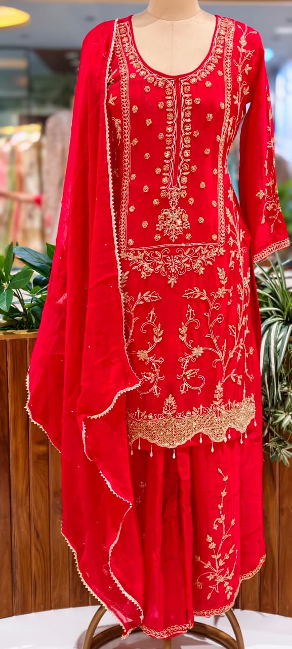 Vibrant Floral Motif Zardosi Wok Heavy Chinon Full Suit Set With Dupatta & Palazzo Bottom- 13624