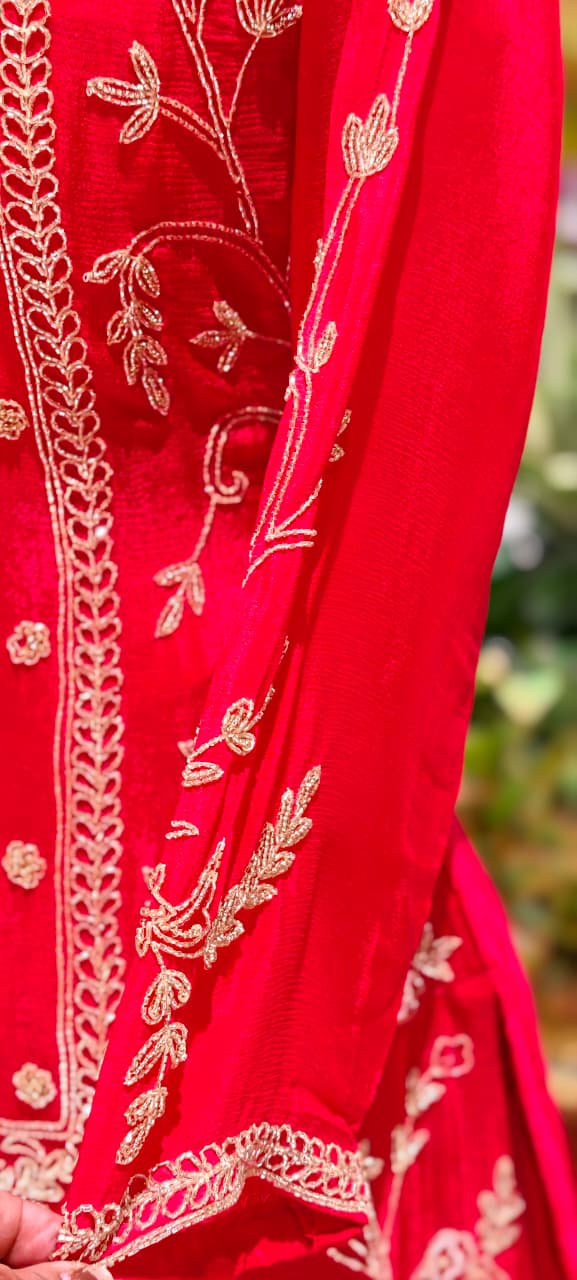 Vibrant Floral Motif Zardosi Wok Heavy Chinon Full Suit Set With Dupatta & Palazzo Bottom- 13624