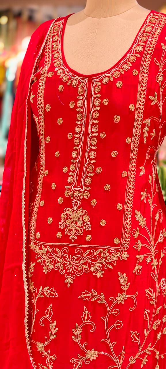 Vibrant Floral Motif Zardosi Wok Heavy Chinon Full Suit Set With Dupatta & Palazzo Bottom- 13624