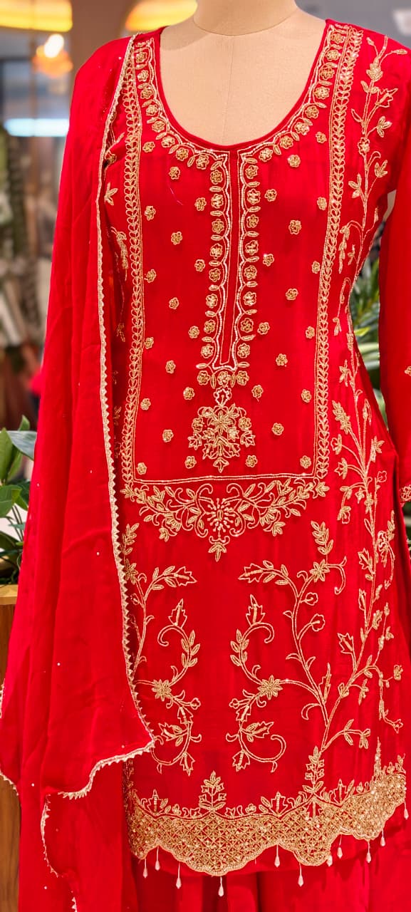 Vibrant Floral Motif Zardosi Wok Heavy Chinon Full Suit Set With Dupatta & Palazzo Bottom- 13624