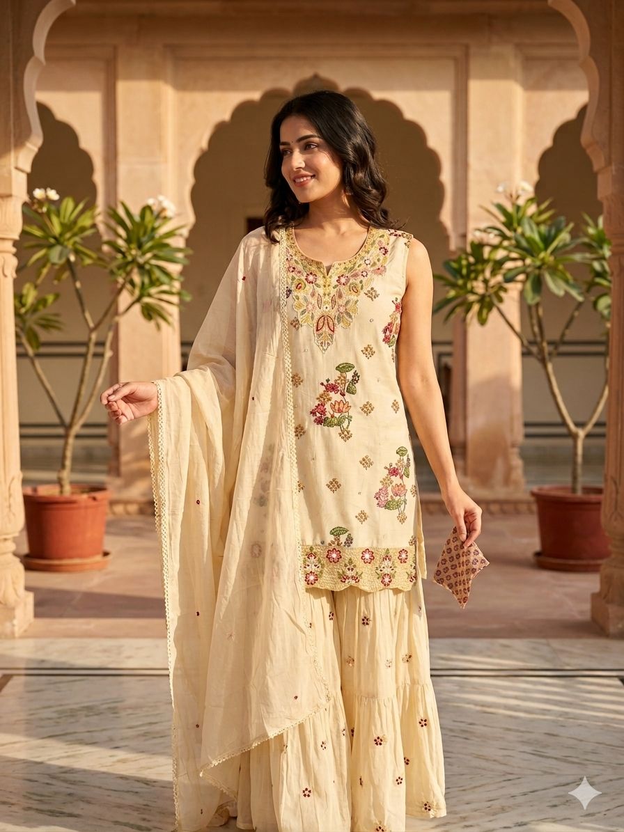 Fuchsia Floral Intricate Detailing Neck Line Printed Sleeveless Full Suit Set With Skirt Bottom & Dupatta- 14112