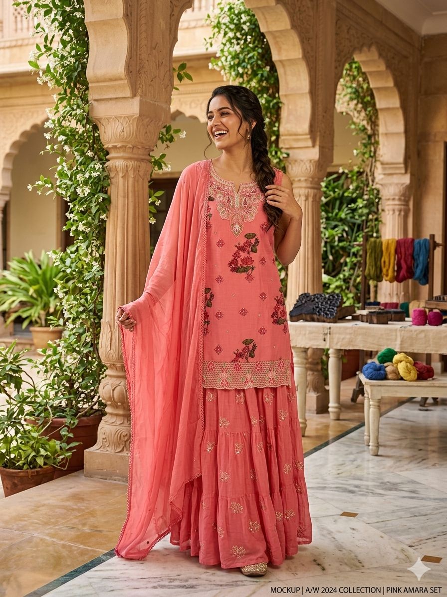 Fuchsia Floral Intricate Detailing Neck Line Printed Sleeveless Full Suit Set With Skirt Bottom & Dupatta- 14112