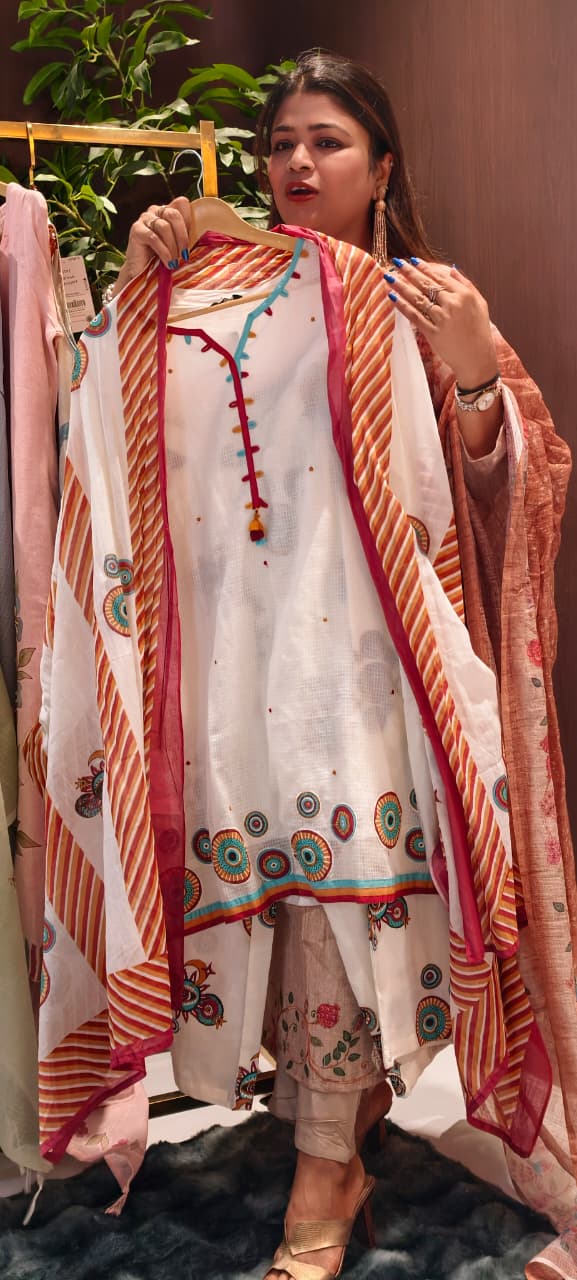 Striking Striped Tribal Inspired Colored Full Suit Set With Dupatta In Jute Cotton Fabric- 13615