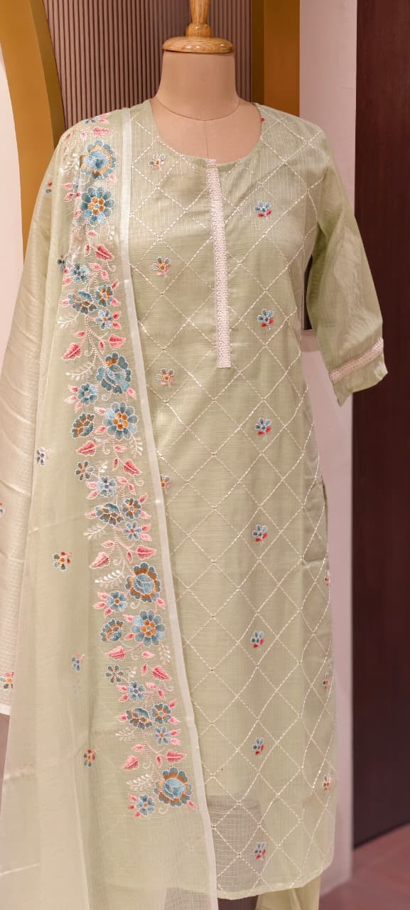 Intricate Floral Fine Embroidery Zig-Zag Thread Work Jute Cotton Full Suit Set With Dupatta-13574 RB140