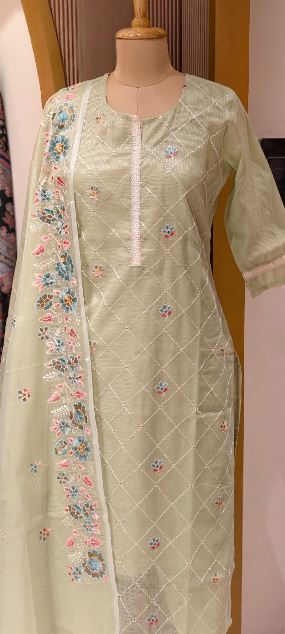 Intricate Floral Fine Embroidery Zig-Zag Thread Work Jute Cotton Full Suit Set With Dupatta-13574 RB140