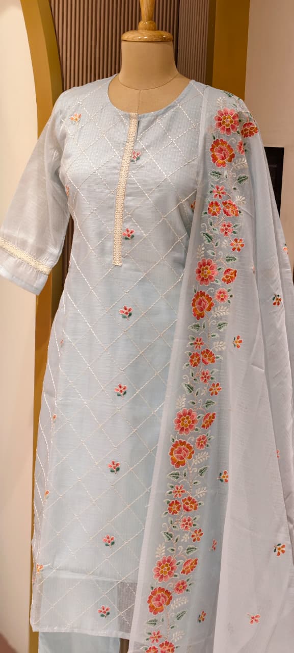 Intricate Floral Fine Embroidery Zig-Zag Thread Work Jute Cotton Full Suit Set With Dupatta-13574 RB140