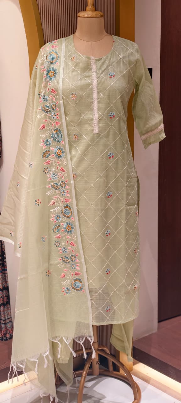 Intricate Floral Fine Embroidery Zig-Zag Thread Work Jute Cotton Full Suit Set With Dupatta-13574 RB140