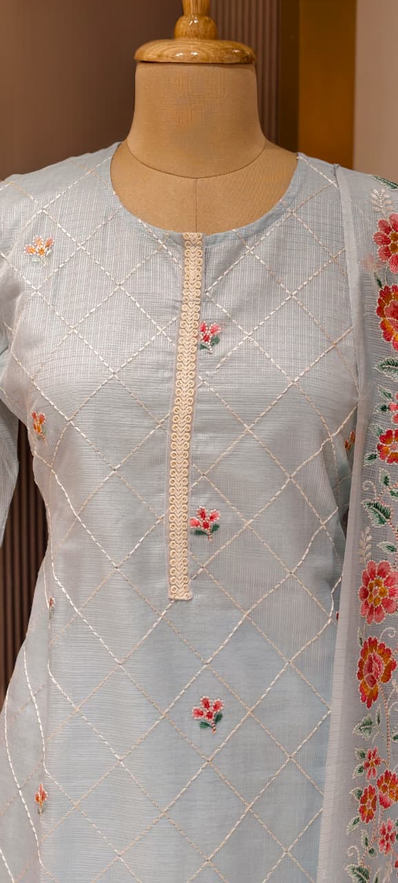 Intricate Floral Fine Embroidery Zig-Zag Thread Work Jute Cotton Full Suit Set With Dupatta-13574 RB140