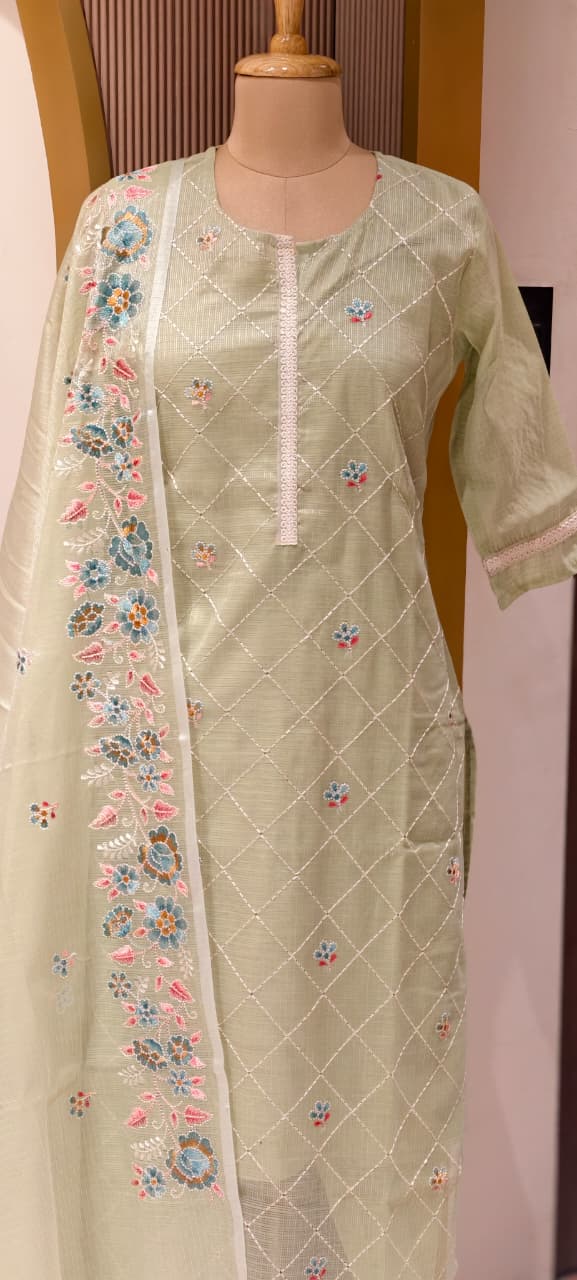 Intricate Floral Fine Embroidery Zig-Zag Thread Work Jute Cotton Full Suit Set With Dupatta-13574 RB140