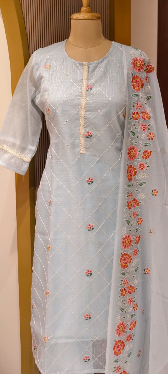 Intricate Floral Fine Embroidery Zig-Zag Thread Work Jute Cotton Full Suit Set With Dupatta-13574 RB140