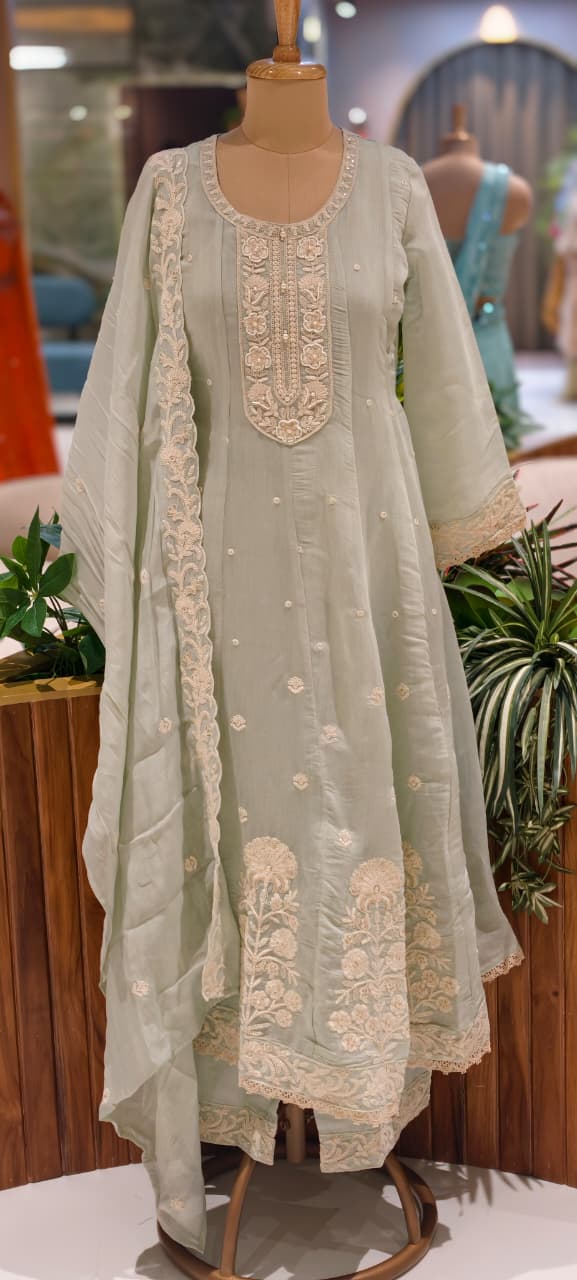 Soft Premium Intricate Floral Embroidery Panel Anarkali Pastel Shaded Full Suit Set With Dupatta- 14116 RB125