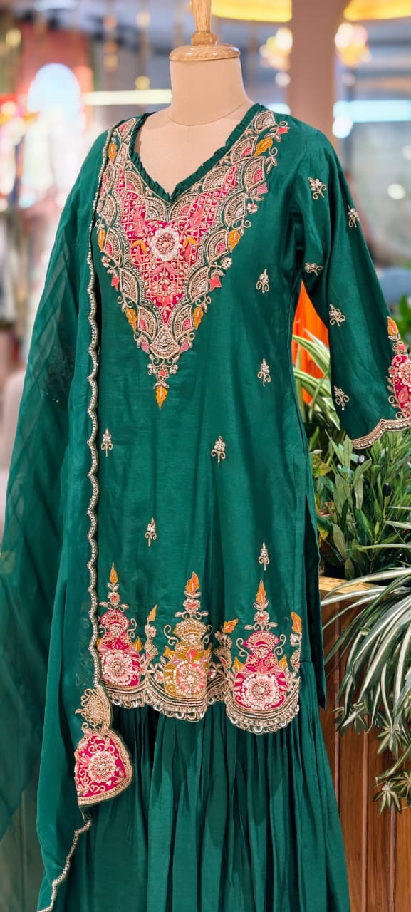 Banjara Bliss Complete Zardosi Work Peplum Kurta With Solid Sharara Bottom & Bordered Dupatta- 14024