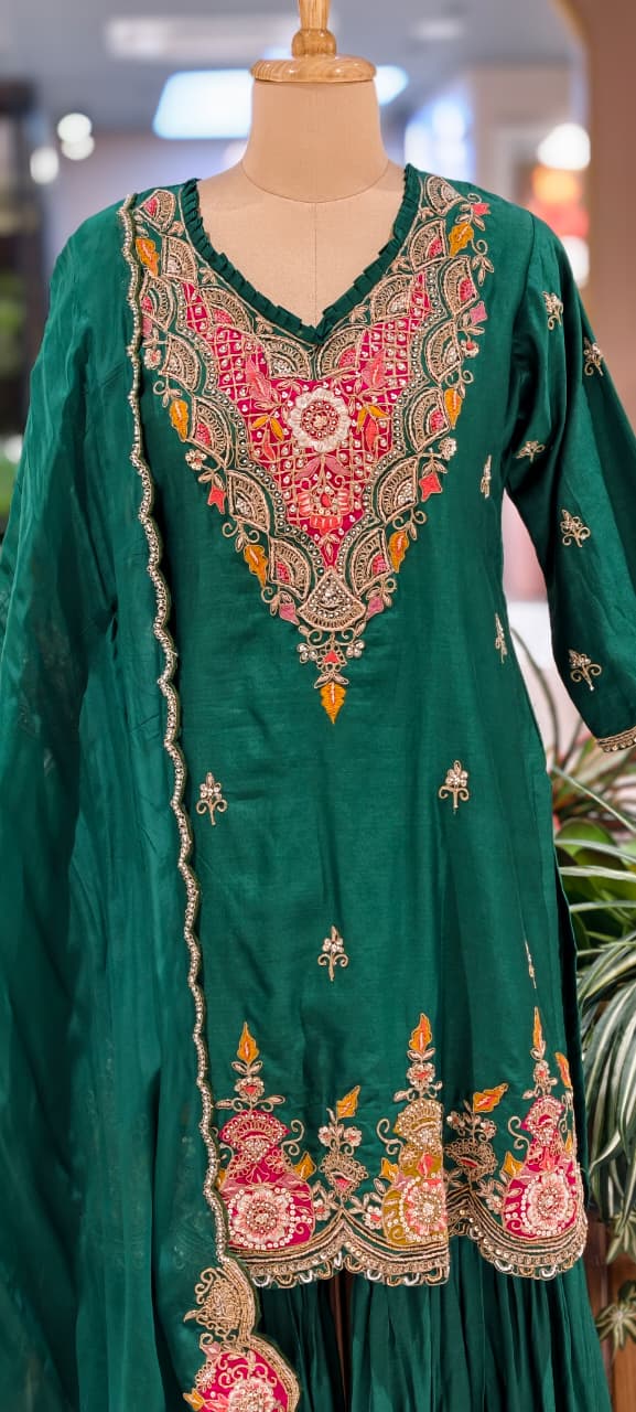 Banjara Bliss Complete Zardosi Work Peplum Kurta With Solid Sharara Bottom & Bordered Dupatta- 14024