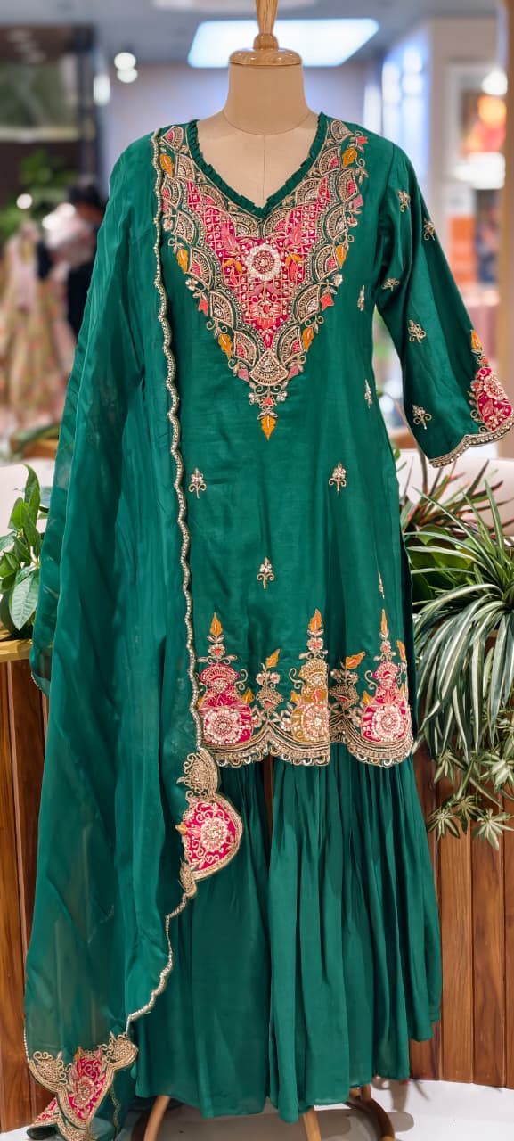 Banjara Bliss Complete Zardosi Work Peplum Kurta With Solid Sharara Bottom & Bordered Dupatta- 14024