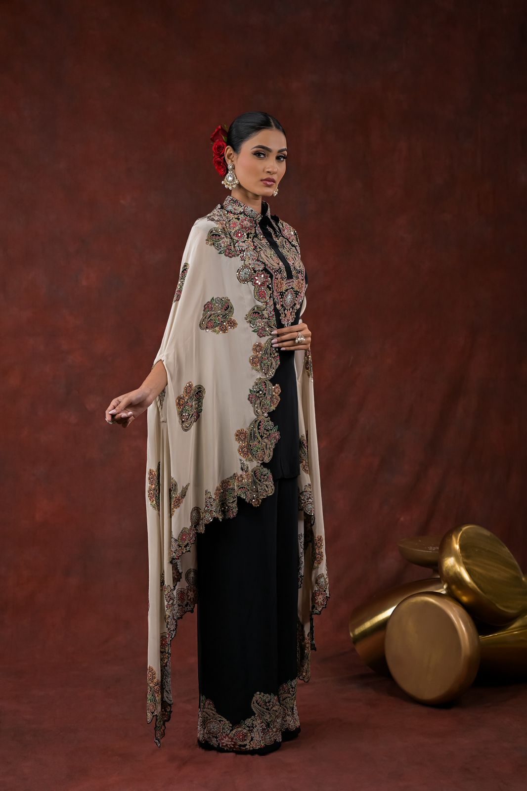 Multicolor Intricate Paisley Embroidered 3-Piece Shrug Set Designer Indo Western Kurta Pant-14106 RB113