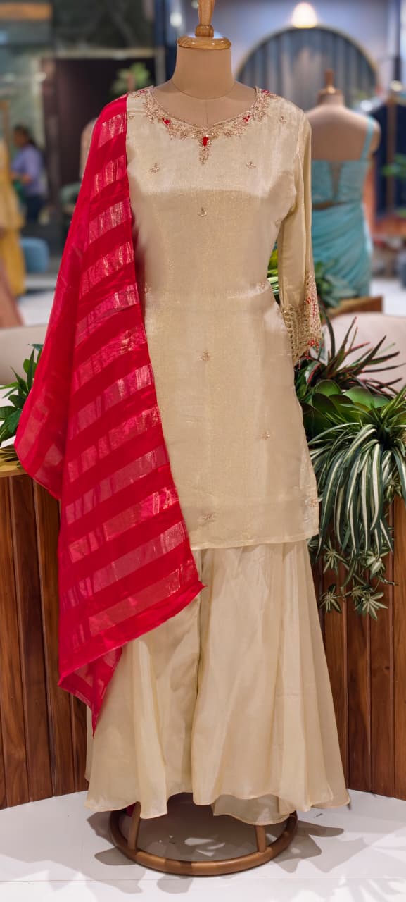 Premium Tissue Designer Sleeve & Neck Work Solid Full Suit Set With Palazzo Bottom & Striped Vibrant Dupatta-14082 RB121