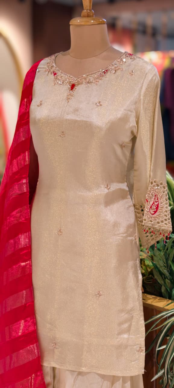 Premium Tissue Designer Sleeve & Neck Work Solid Full Suit Set With Palazzo Bottom & Striped Vibrant Dupatta-14082 RB121