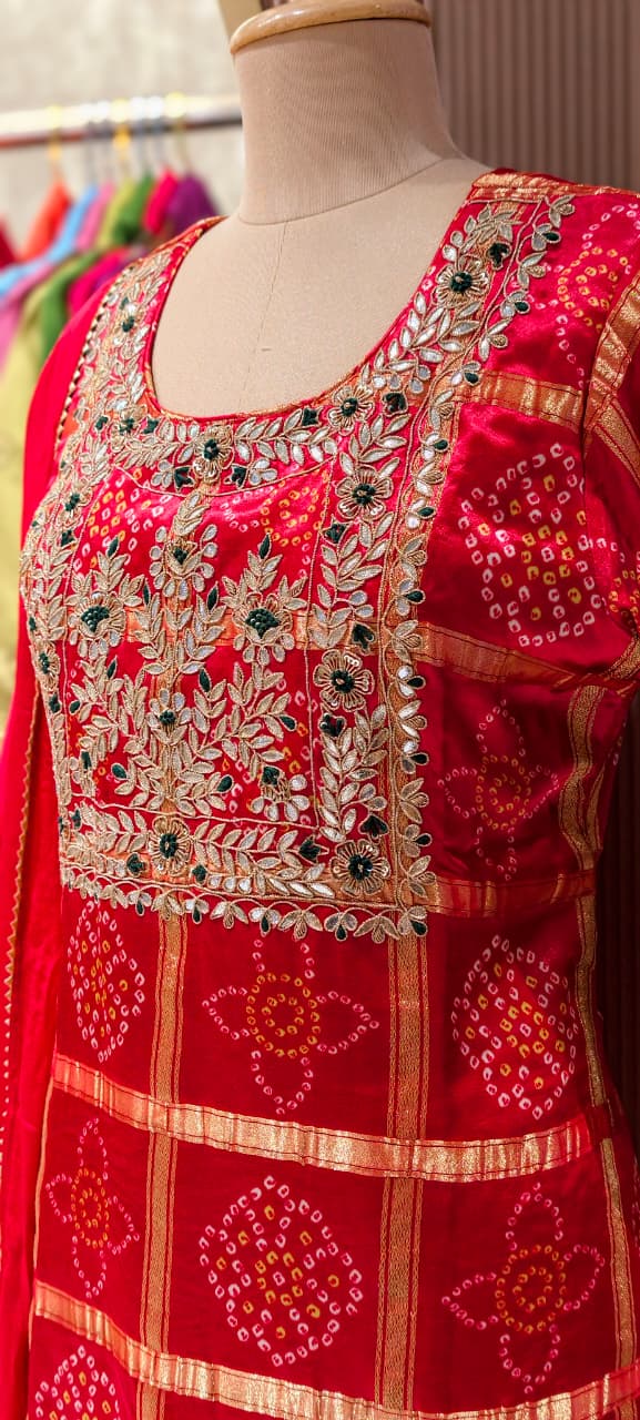 Ghatchola Festive Inspired Gotta Wok Bandhej Full Suit Set With Sharara Bottom & Dupatta In Gajji Silk Fabric- 13918 RB118