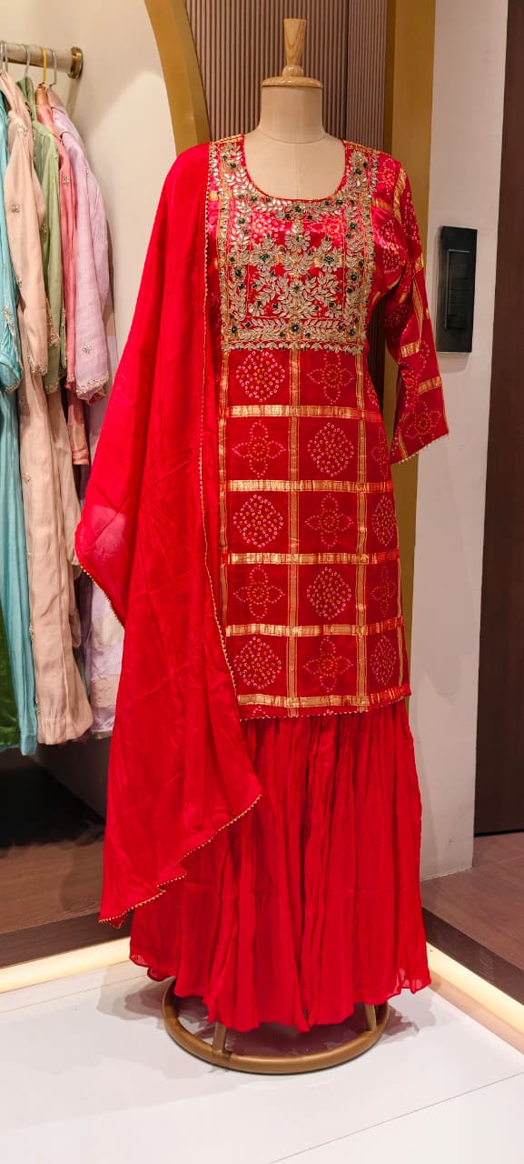 Ghatchola Festive Inspired Gotta Wok Bandhej Full Suit Set With Sharara Bottom & Dupatta In Gajji Silk Fabric- 13918 RB118