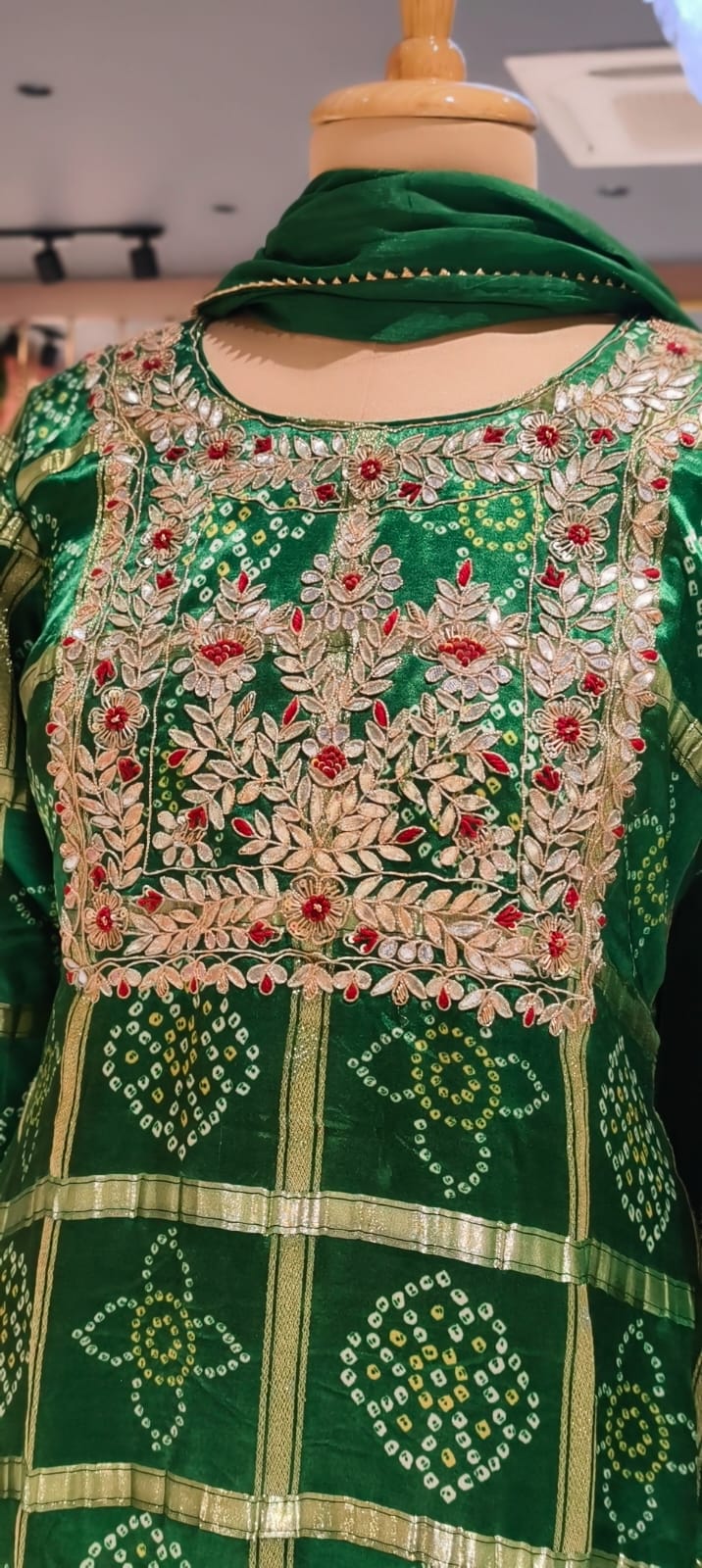 Ghatchola Festive Inspired Gotta Wok Bandhej Full Suit Set With Sharara Bottom & Dupatta In Gajji Silk Fabric- 13918 RB118