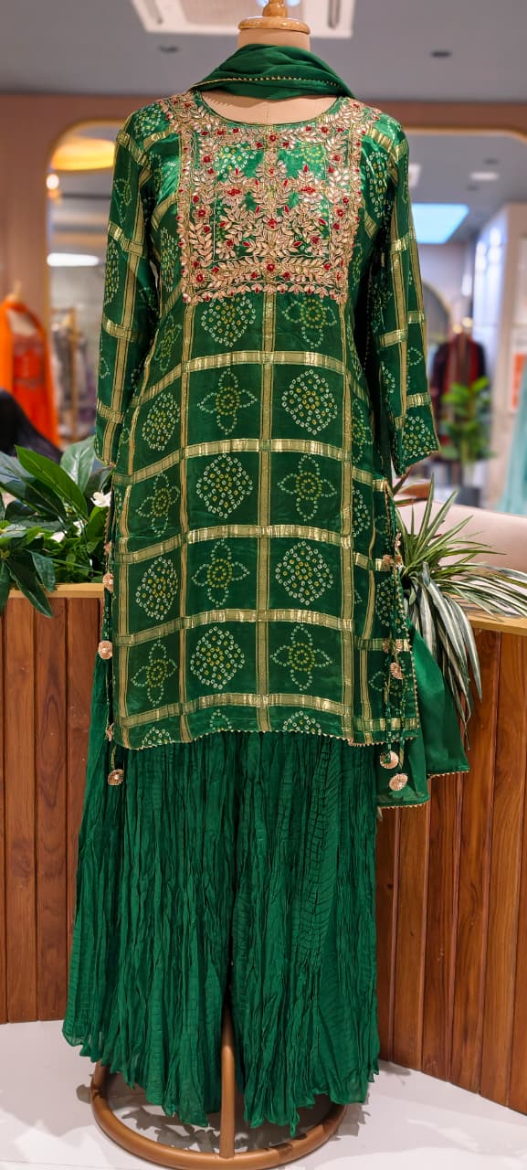 Ghatchola Festive Inspired Gotta Wok Bandhej Full Suit Set With Sharara Bottom & Dupatta In Gajji Silk Fabric- 13918 RB118