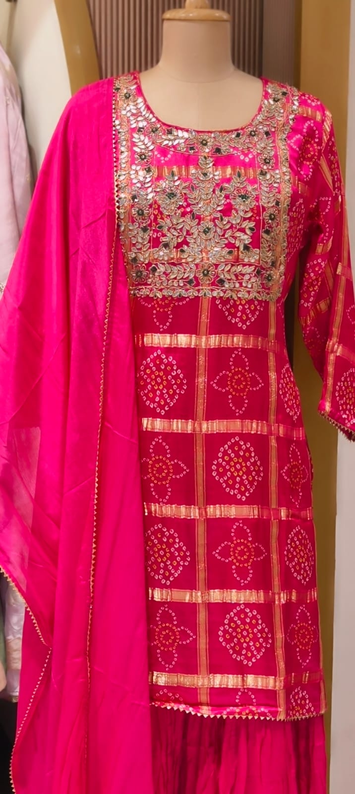 Ghatchola Festive Inspired Gotta Wok Bandhej Full Suit Set With Sharara Bottom & Dupatta In Gajji Silk Fabric- 13918 RB118