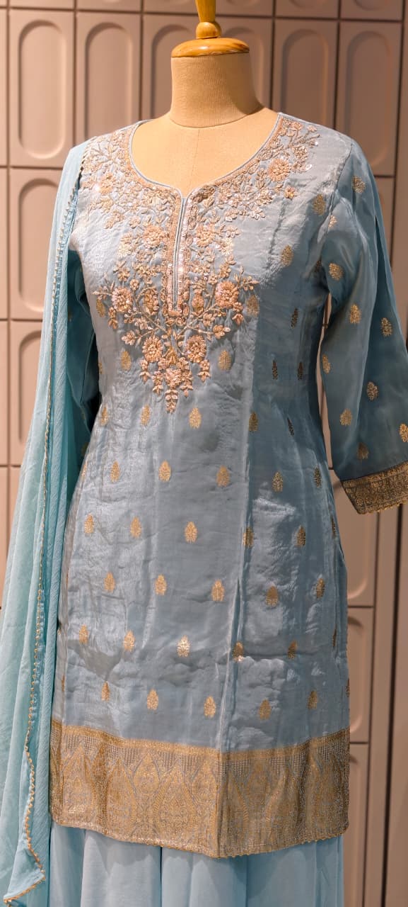 Pastel Toned Golden Handworked Elegant Sharara Full Suit Set Dupatta In Silk Fabric-13916 RB117