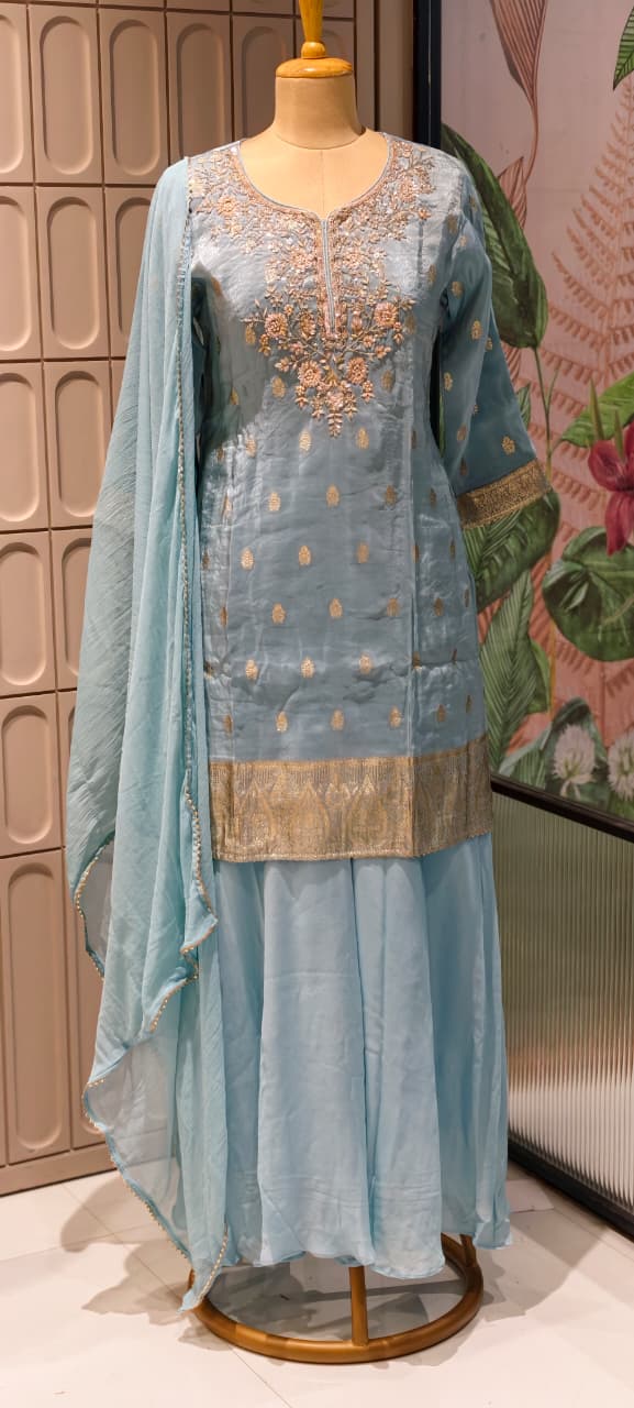 Pastel Toned Golden Handworked Elegant Sharara Full Suit Set Dupatta In Silk Fabric-13916 RB117