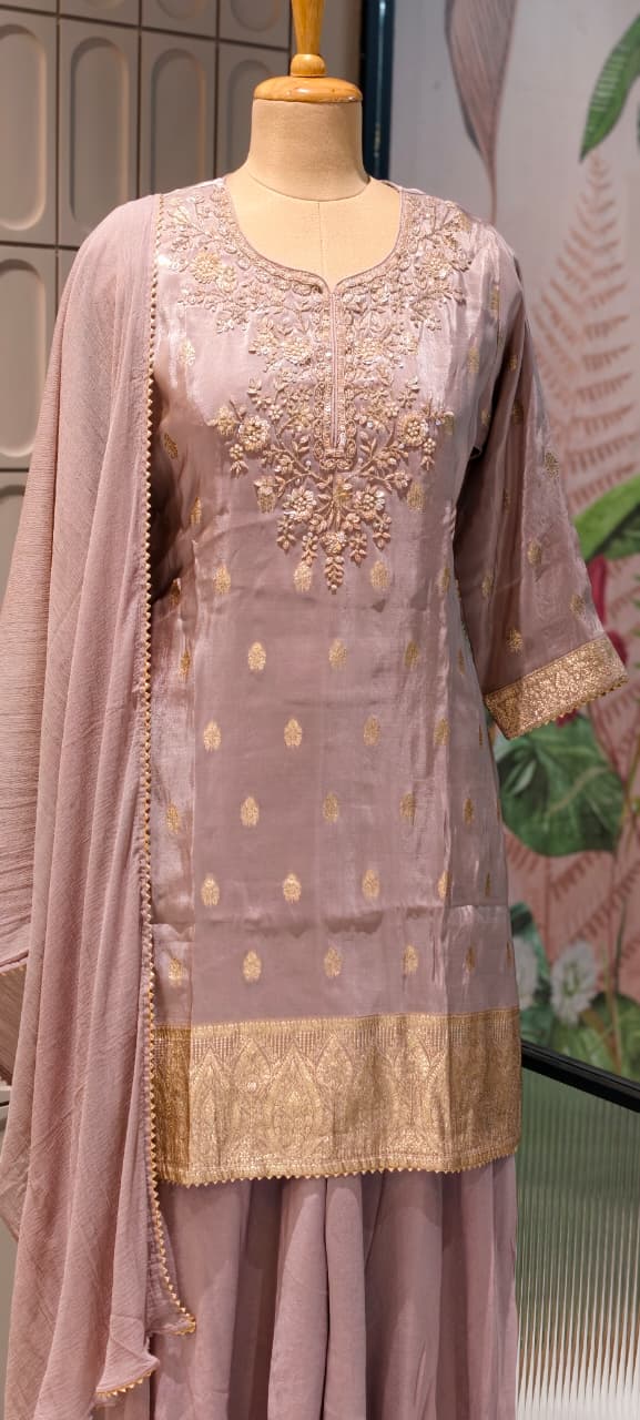 Pastel Toned Golden Handworked Elegant Sharara Full Suit Set Dupatta In Silk Fabric-13916 RB117