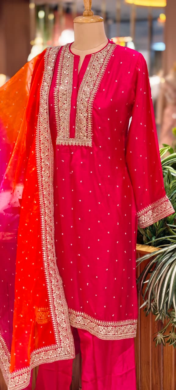 Zarina Work Fuschia Grace Vibrant Festive Full Suit Set With Dupatta In Russian Silk Fabric-14075 RB126
