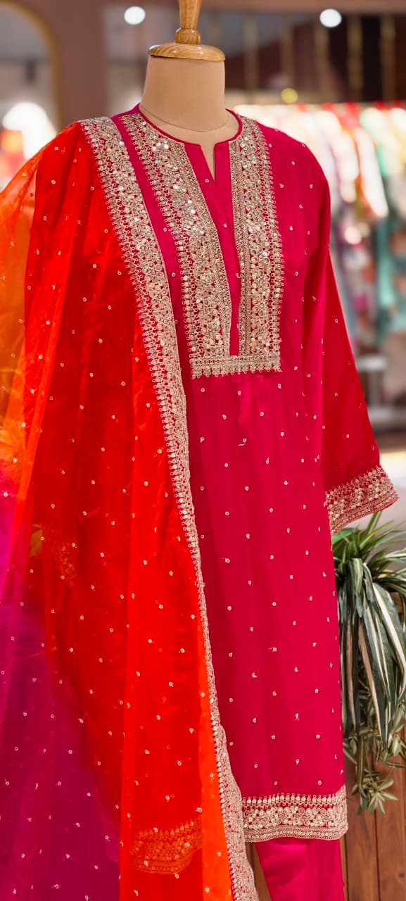 Zarina Work Fuschia Grace Vibrant Festive Full Suit Set With Dupatta In Russian Silk Fabric-14075 RB126
