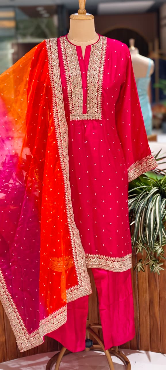 Zarina Work Fuschia Grace Vibrant Festive Full Suit Set With Dupatta In Russian Silk Fabric-14075 RB126
