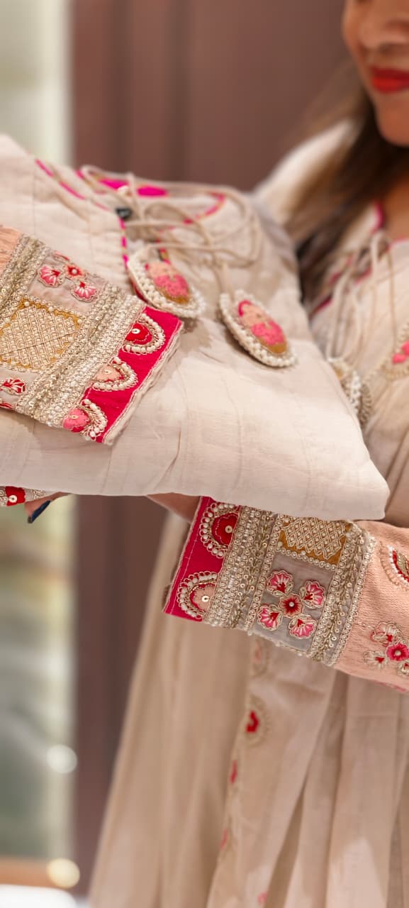 Tiny Cut-Dana Neck Line Golden Highlights Anarkali Full Suit Set With Dupatta In Mul Chanderi Fabric-14078 RB124