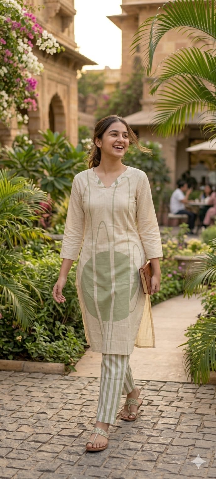 Mossaic Striped Print Premium Mul-Cotton Summer Friendly Kurta Pant Set- 14133 RB146