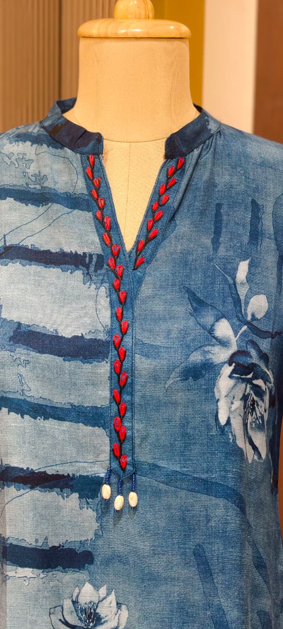 Sophisticated Bloomy Blue Casual Wear Collared Muslin Short Kurti Only-14165  RB165