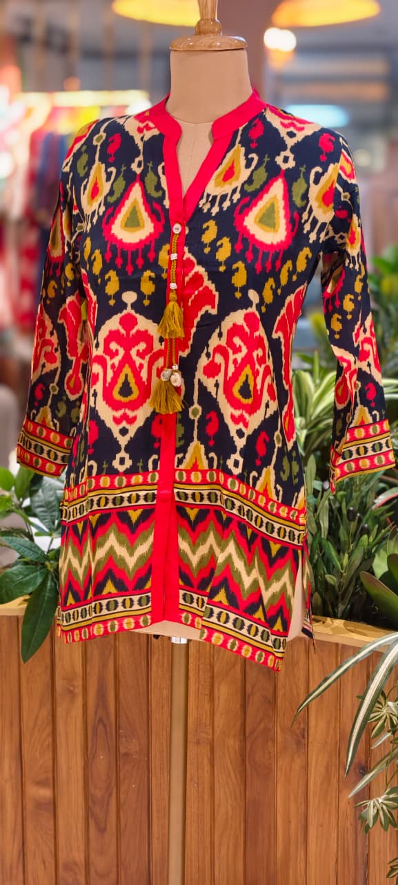 Paisley Earthy Printed Mandarin Casual Wear Muslin Short Kurti Only- 14154    RB164