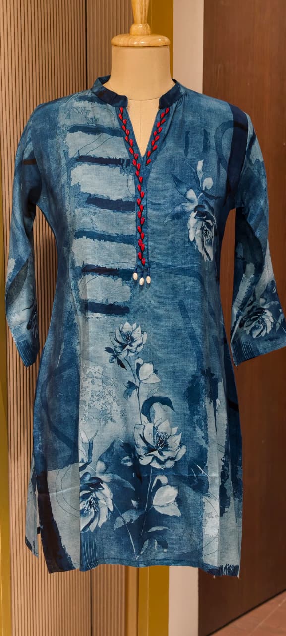 Sophisticated Bloomy Blue Casual Wear Collared Muslin Short Kurti Only-14165  RB165