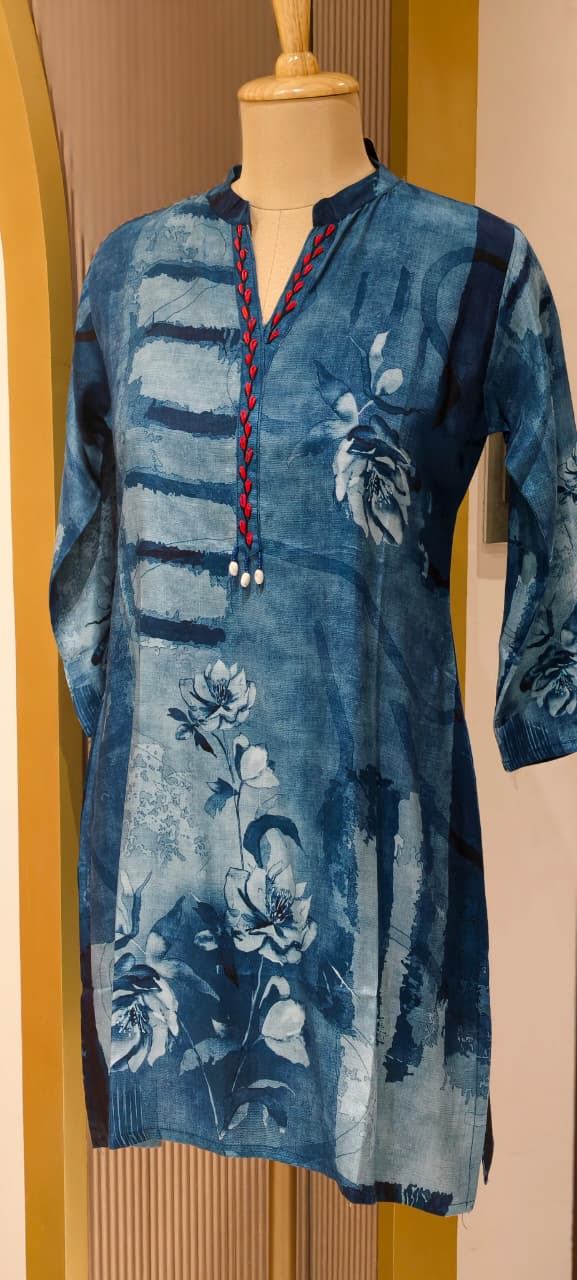 Sophisticated Bloomy Blue Casual Wear Collared Muslin Short Kurti Only-14165  RB165