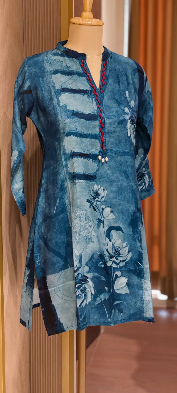 Sophisticated Bloomy Blue Casual Wear Collared Muslin Short Kurti Only-14165  RB165