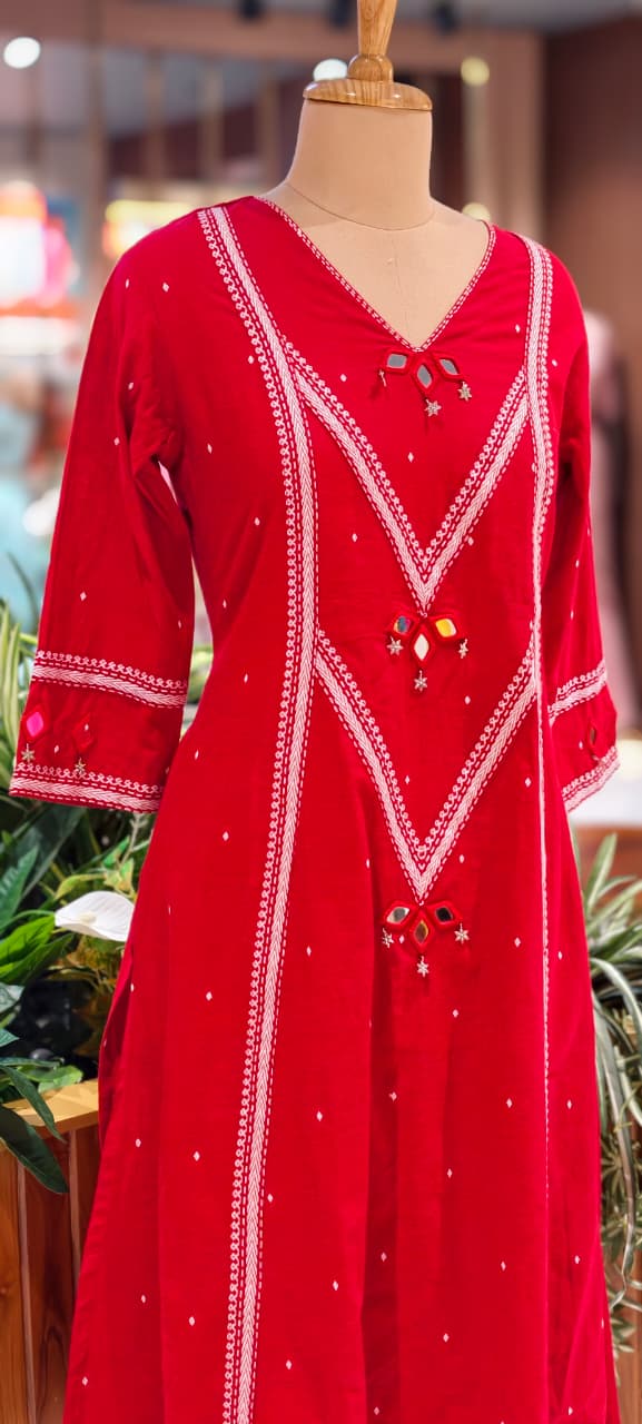 Elegant Red Cotton Kurta Pant Set with Intricate Thread Embroidery, Mirror Work Accents-14181 RB206