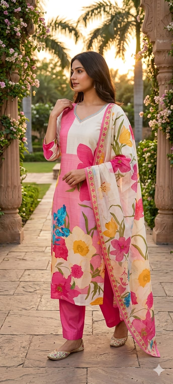 Digital Floral Printed Cut-Dana Neckline Multicolor Linen Full Suit Set With Mul Cotton Dupatta- 14213 RB325