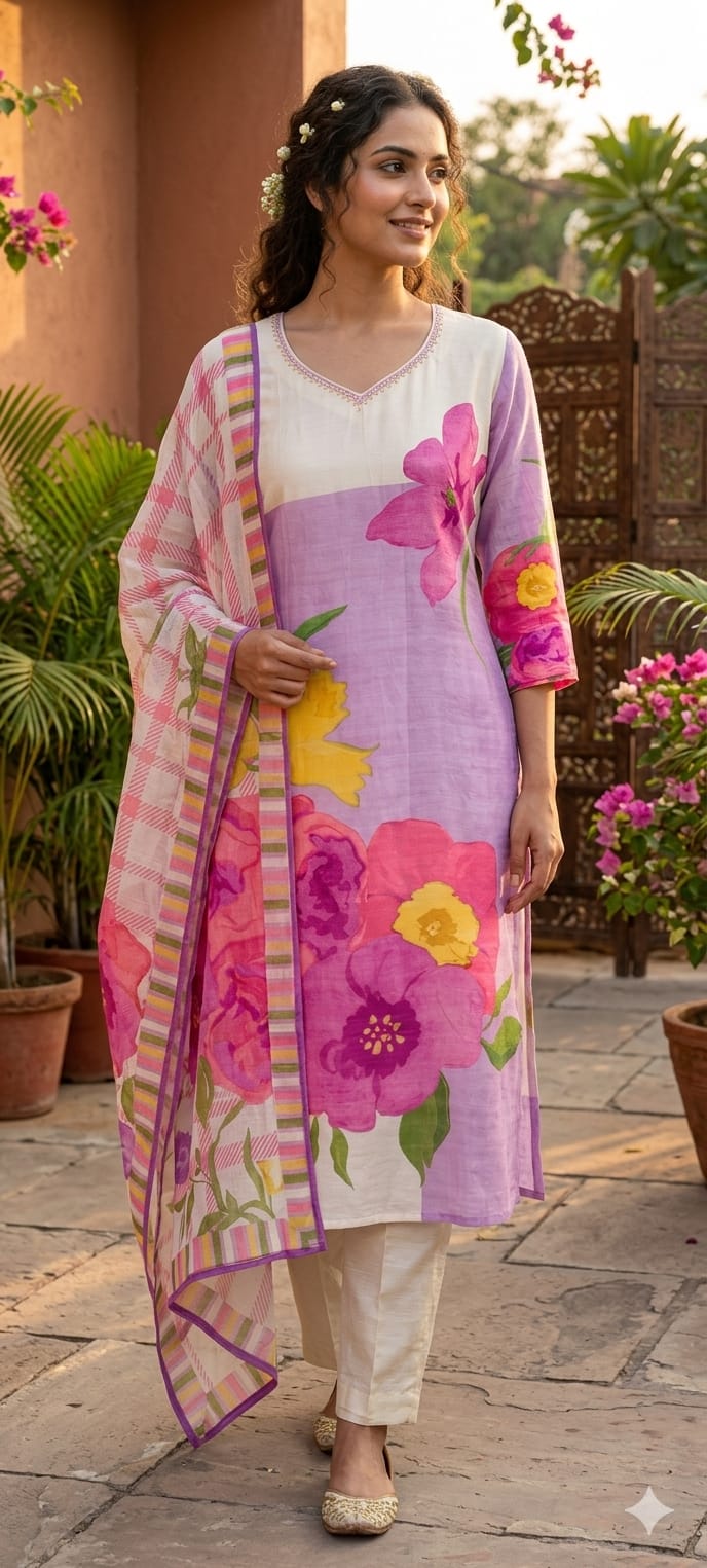Digital Floral Printed Cut-Dana Neckline Multicolor Linen Full Suit Set With Mul Cotton Dupatta- 14213 RB325