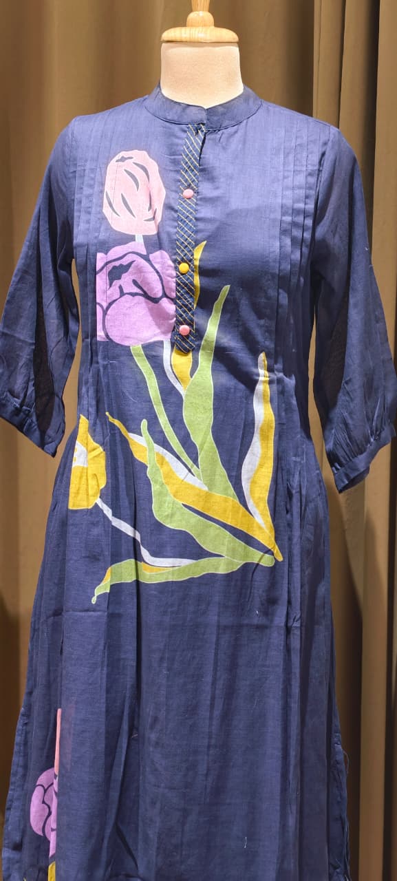 Elegant Navy Blue Mul Cotton Kurta Pant Set with Artistic Floral Print & Pleated Detailing-14485 RB192